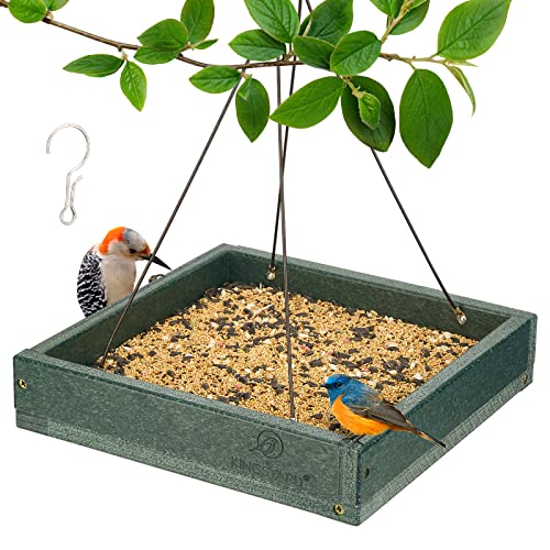 Kingsyard Platform Mealworm Bird Feeder for Outside, Recycled Plastic Hanging Tray Bird Feeders With Large Capacity 3.5 Lbs, Premium Quality & Durable, Great for Attracting Wild Birds, Green