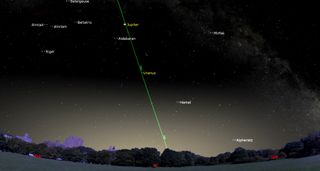 night sky map showing a hazy white light appearing on the horizon.