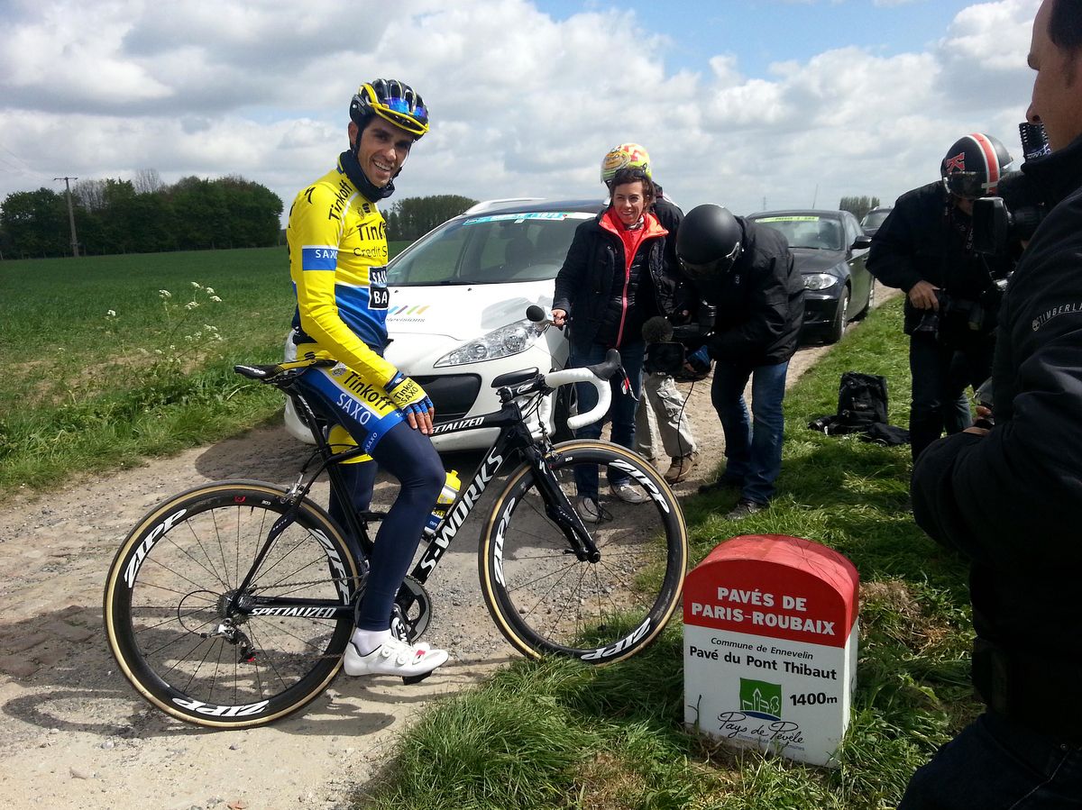 Alberto Contador on the pave? The Spaniard during a recon for the 2014 Tour