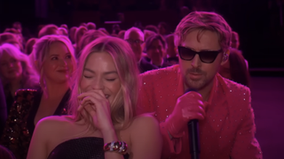 Ryan Gosling singing I'm Just Ken, sitting behind Margot Robbie at the 2024 Oscars