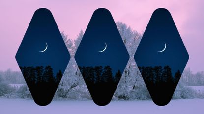 new moon december 2022 feature image; a pink snowy forest and three dark photos of a new moon on top of the background