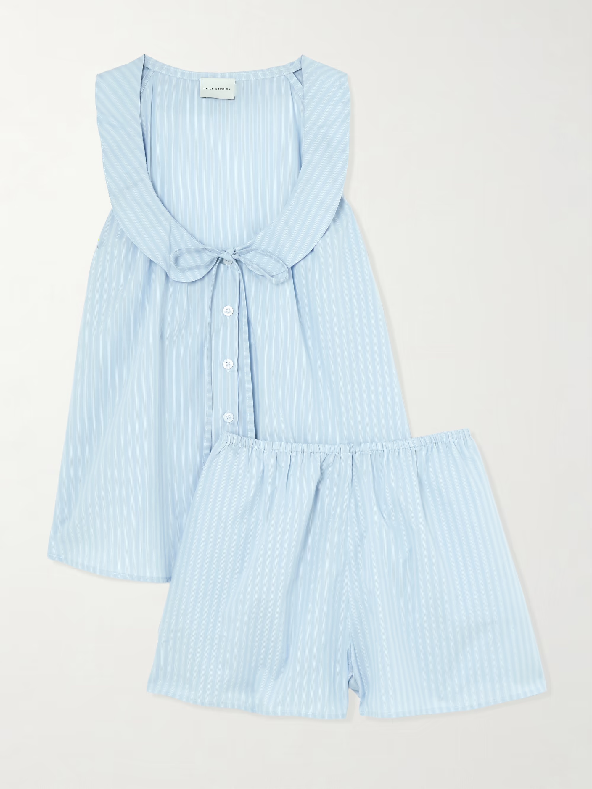 DEIJI STUDIOS, Round Collar Tie-Detailed Striped Organic Cotton Shirt and Shorts Set