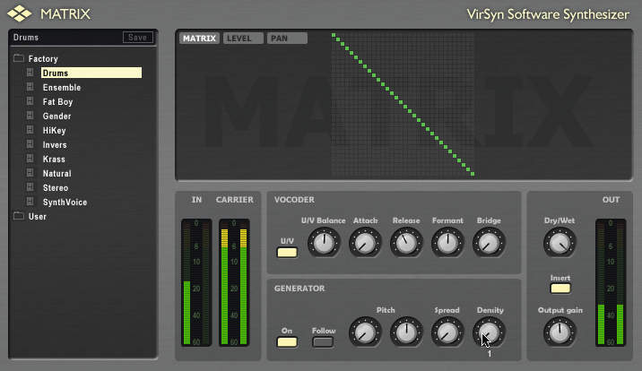 The Matrix GUI is more sparsely populated than the interfaces of some vocoders.