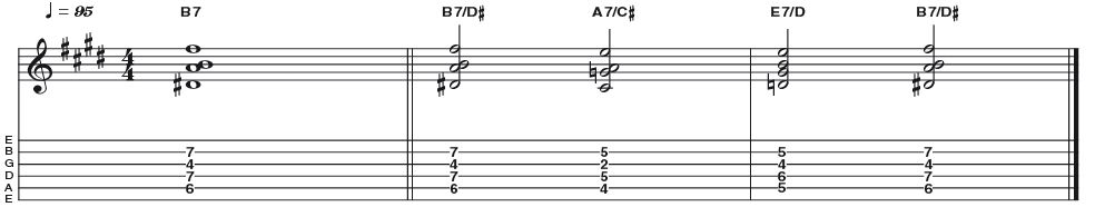 Example 23: Dominant 7 - Here's a nice four-string version of a B dominant 7th chord (R 3 5 b7). The cool thing about this fingering is that no notes are repeated, as is usually the case when using bigger five or six-string shapes. It is used here in a turnaround on an E blues - V IV I V (B7 A7 E7 B7).