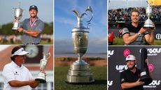 Four LIV Golfers holding trophies and the Claret Jug