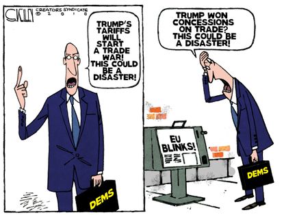 Political cartoon U.S. Trump trade war EU meeting concessions democrats
