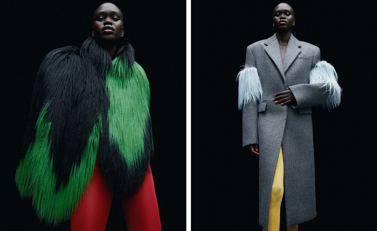 Woman in fluffy Gucci jacket, left, and right, woman in Prada jacket with fur sleeves and coloured tights