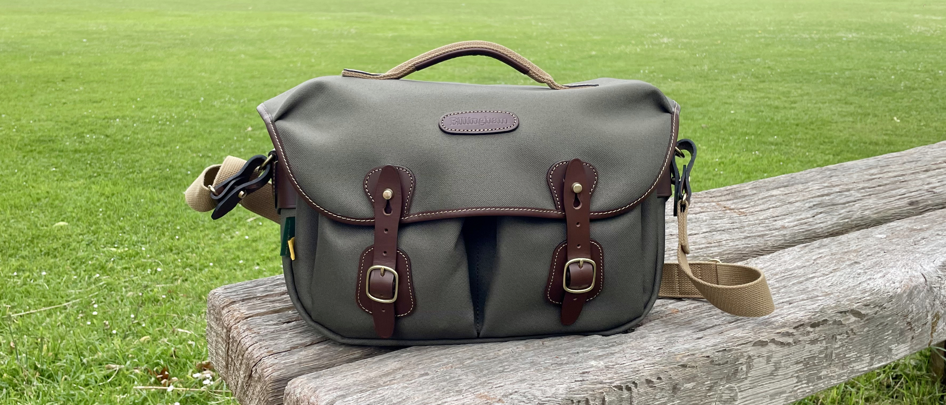 Billingham Hadley Pro 2020 camera bag outdoors on a park bench