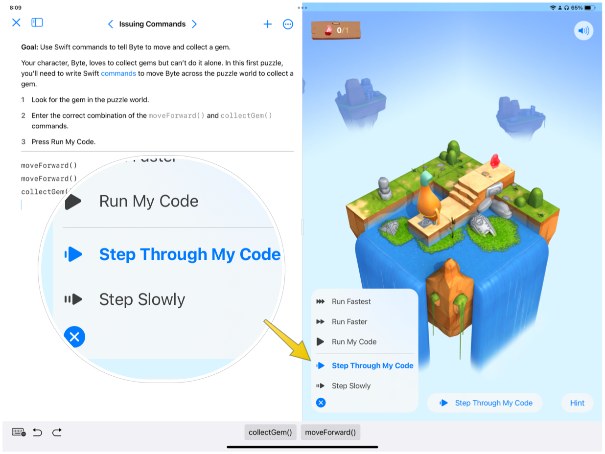 Screenshot of the Swift Playgrounds app with a callout highlighting the Step-Through button.