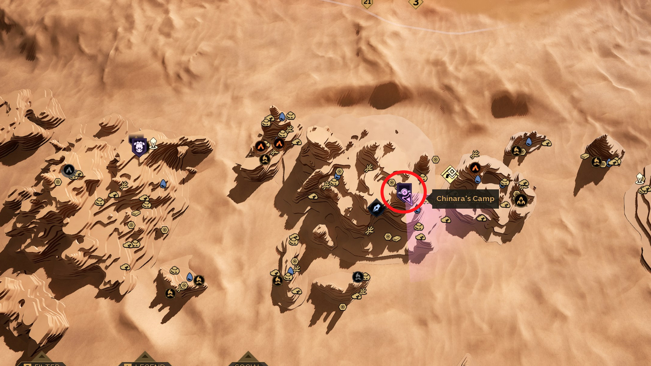 Dune: Awakening's map of South Hagga Basin, with Derek's Camp highlighting using a red circle. It's just north of Testing Station No.2.