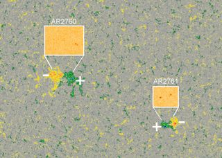 Two active regions on the sun with opposite magnetic fields: 2760 matches solar cycle 24 while 2761 matches solar cycle 25.