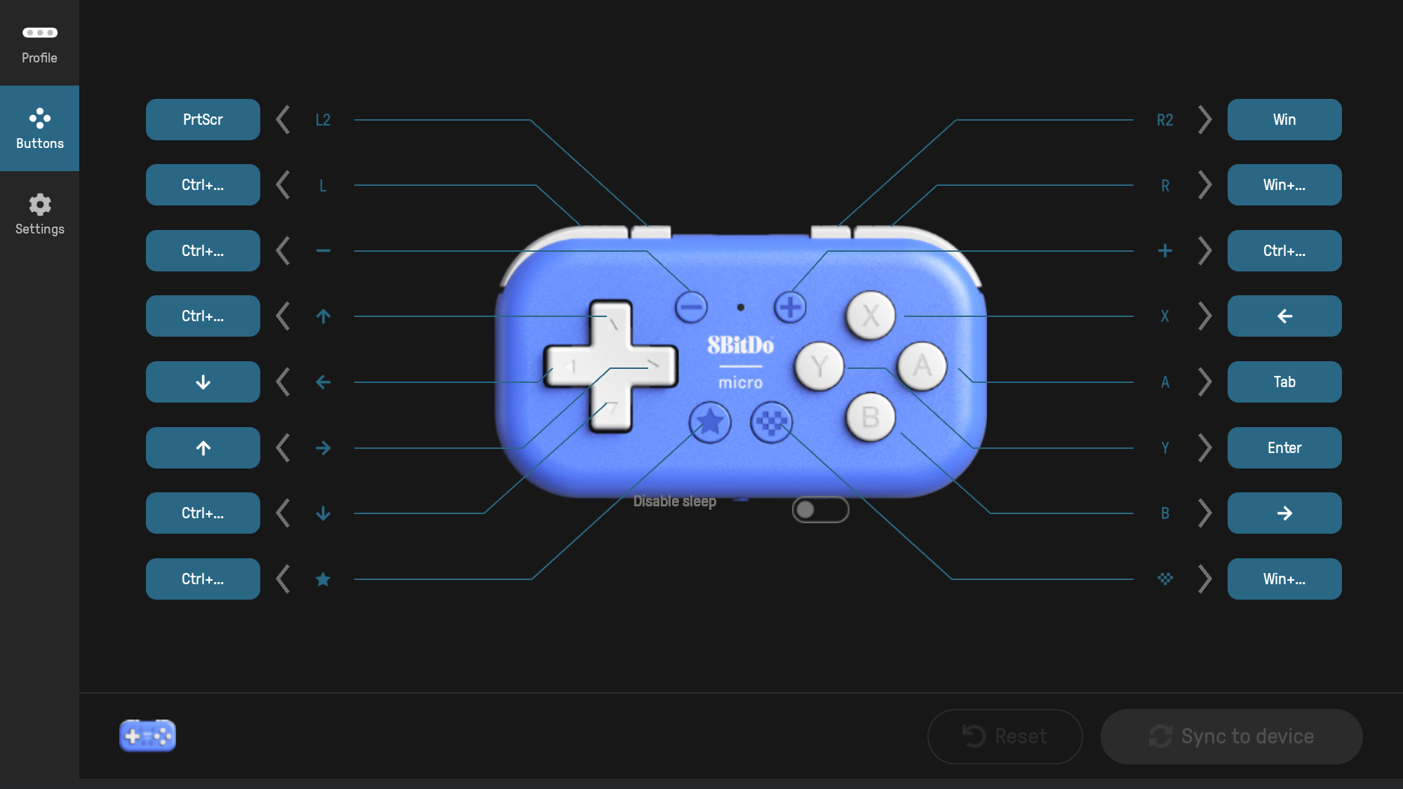 A screenshot showing how I configured the 8BitDo Micro in 8BitDo's Ultimate Software