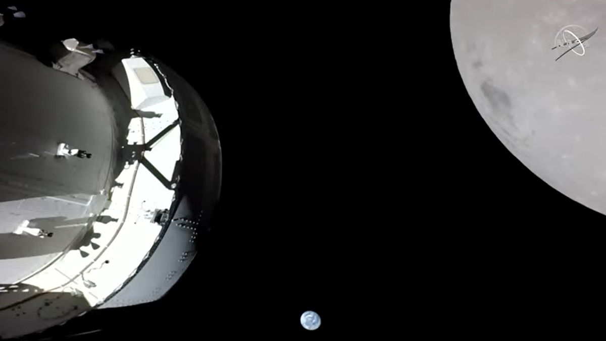 The Artemis 1 Orion spacecraft captured live footage of the Earth (in the distance) and moon ahead of its lunar flyby Nov. 21, 2022.