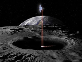 An artist's depiction of Lunar Flashlight looking for ice in a crater on the moon.
