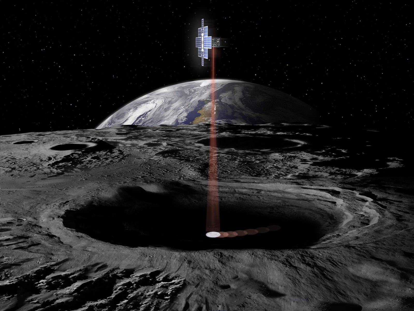 ilustración de una nave espacial que emite un láser hacia un cráter oscuro en la luna
