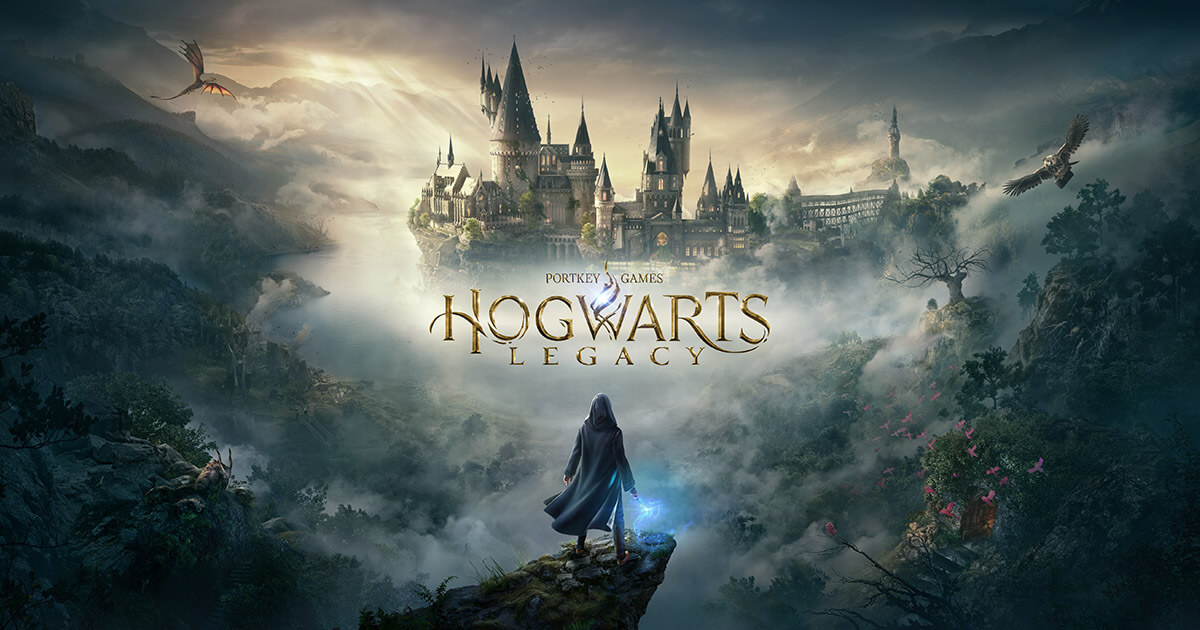 The Hogwarts Legacy logo in the middle of the screen with Hogwarts in the distance and a wizard in the foreground looking over the horizon