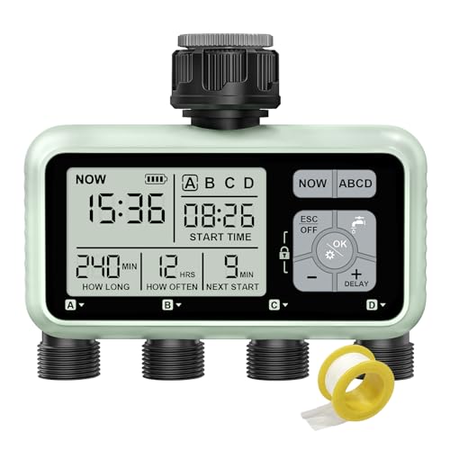 Johgee 4 Zone Sprinkler Water Timer for Irrigation, Garden Hose Timer 4 Outlet, Garden Watering System Irrigation System Controller With Auto/manual Mode/rain Delay for Lawn