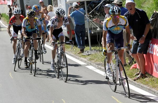 Alberto Contador (Astana) makes his decisive attack five kilometres from the summit finish.
