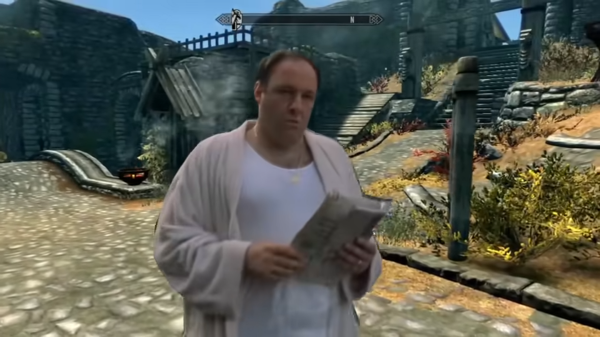 Tony Soprano reading the morning paper in Skyrim.