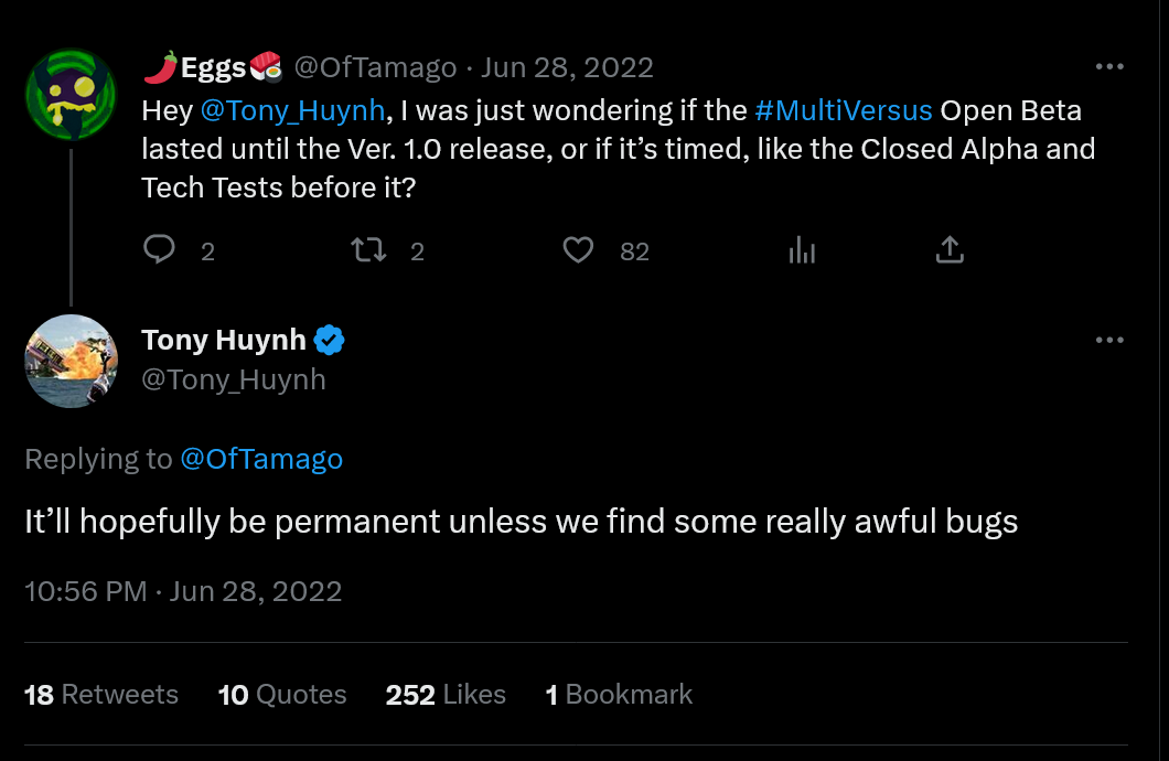 Tony Huynh tweet about Multiversus open beta