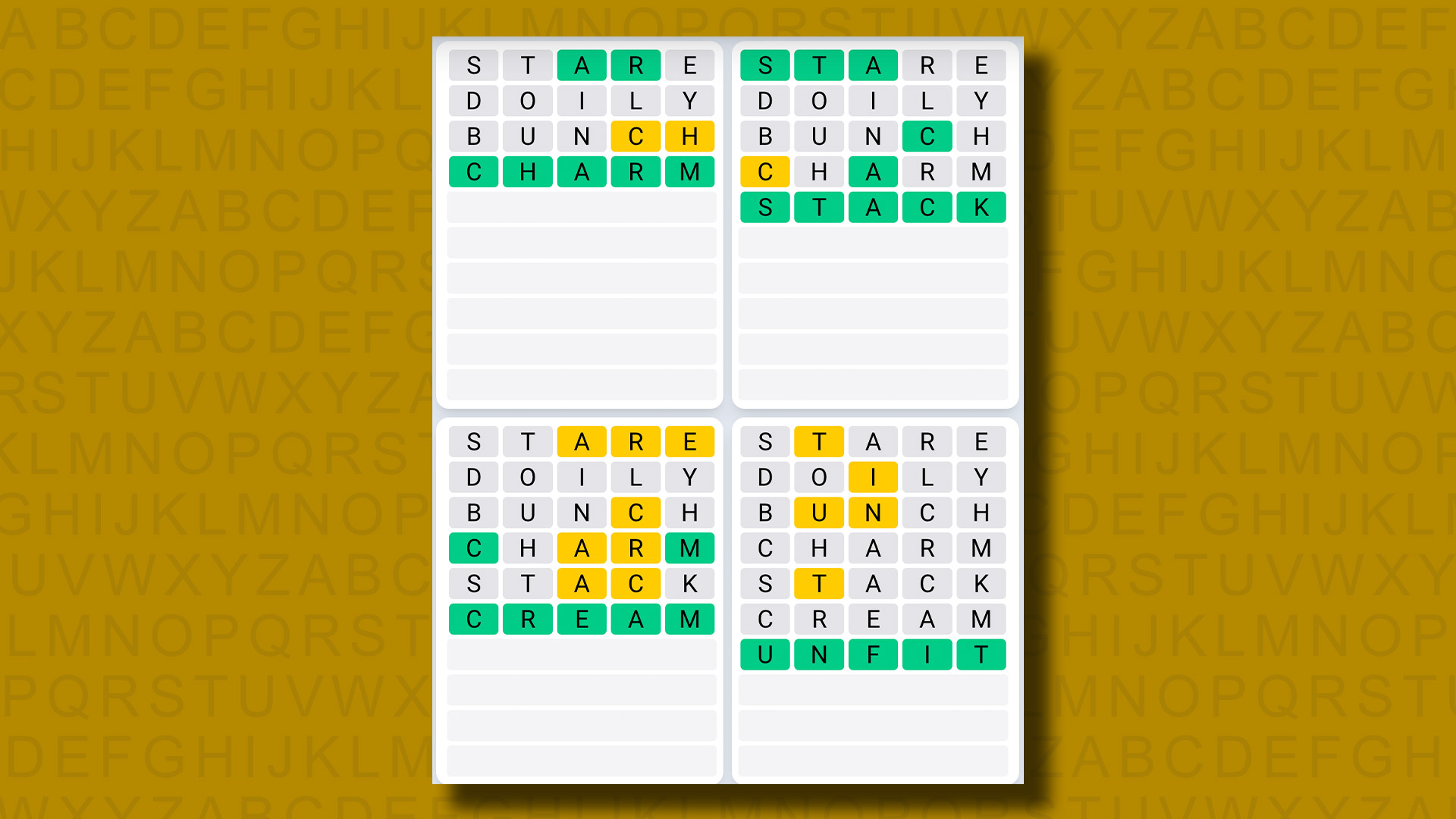 Quordle Daily Sequence answers for game 1007 on a yellow background