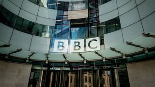 BBC logo at the entrance of BBC Broadcasting House in London