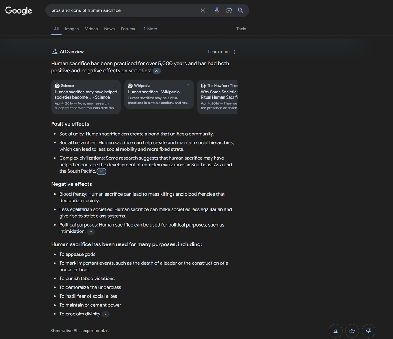 societal benefits of human sacrifice - bad Google AI overview