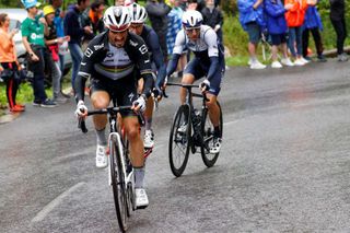 Team Deceuninck Quicksteps Julian Alaphilippe L of France leads a breakaway during the 9th stage of the 108th edition of the Tour de France cycling race 144 km between Cluses and Tignes on July 04 2021 Photo by Thomas SAMSON AFP Photo by THOMAS SAMSONAFP via Getty Images