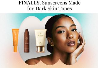 Copy reads "finally, sunscreens made for dark skin tones" with black woman touching her face