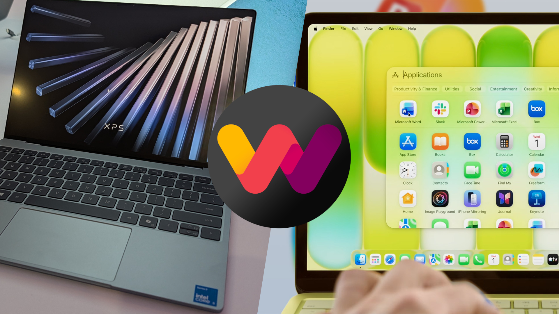Split view of two laptops (XPS 13 and MacBook Neo) showing an XPS logo and app icons, with a central "Windows Central" logo overlay.