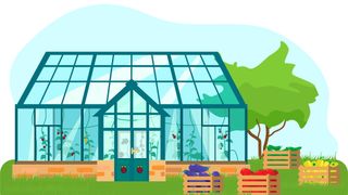 An illustration of a greenhouse with Raspberry Pi logos on the door and hanging from vines inside