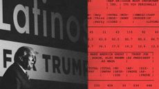 Illustration of Donald Trump at a Latinos For Trump rally alongside new polling data