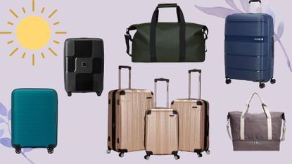 A collection of the best luggage deals in September 2023, on a lilac background.