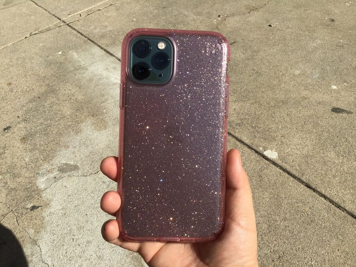 Speck Presidio Clear + Glitter back in sunlight against concrete