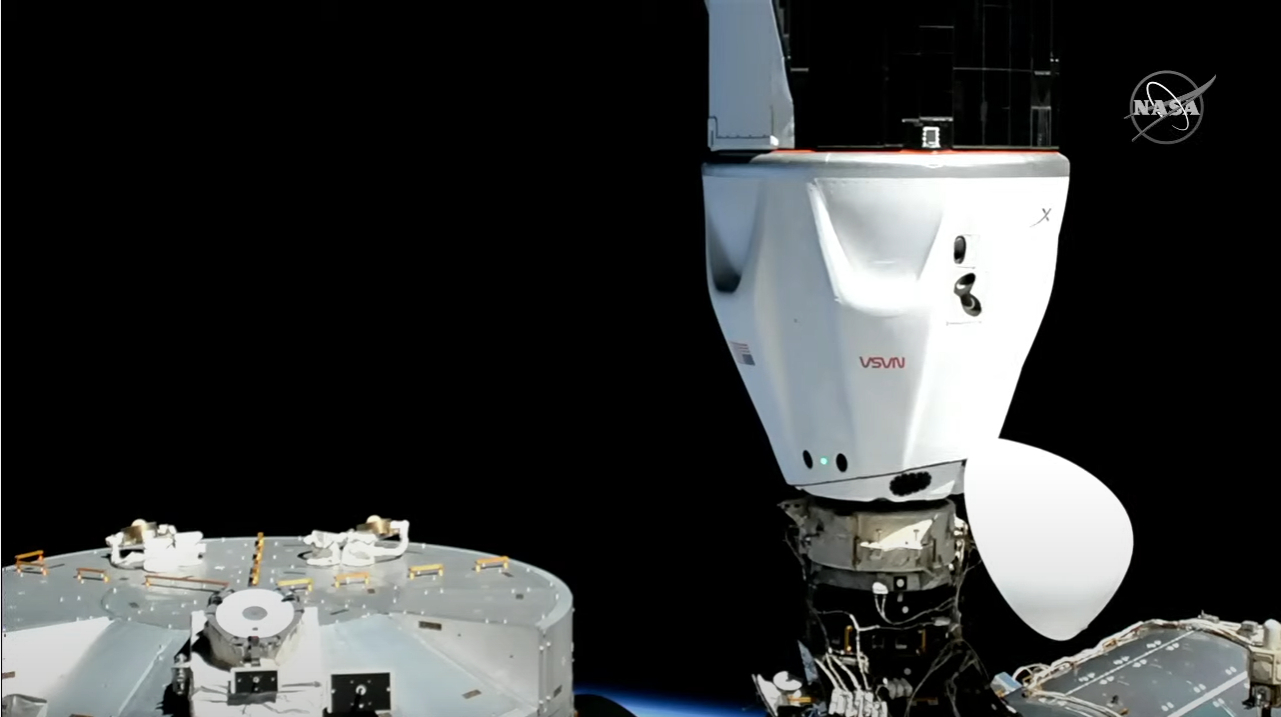 Top Stories Tamfitronics SpaceX's Crew Dragon Freedom is seen docked at the space-facing port on the International Space Station's Harmony module after a smooth arrival with four Crew-4 astronauts aboard on April 27, 2022.