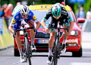 Julian Alaphilippe and Gregor Muhlberger fight for victory during stage 6 at the Criterium du Dauphine