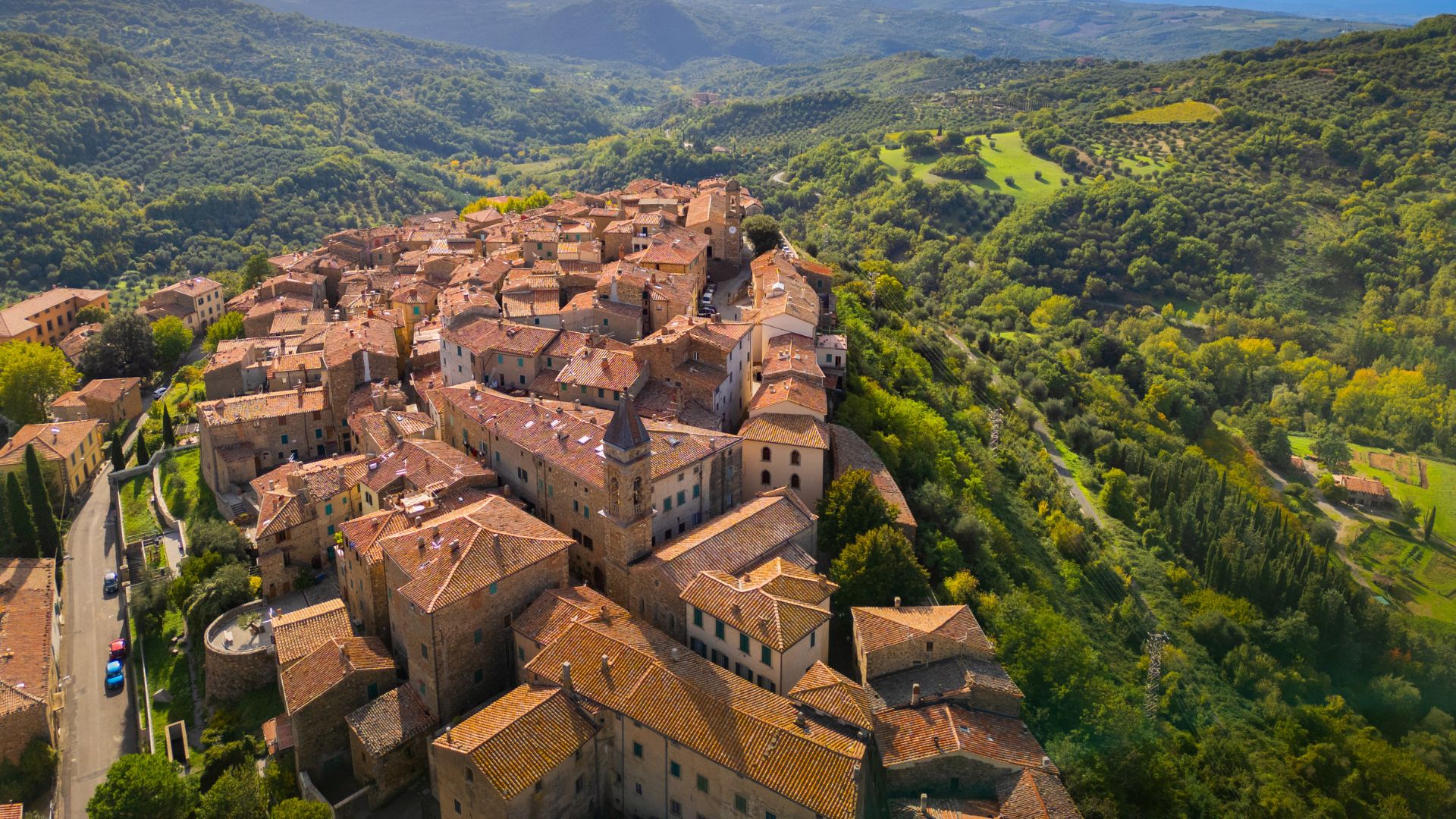 An aerial view of a Tuscan hilltop village.