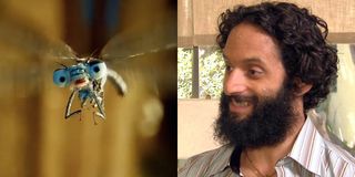 James the Dragonfly, left, is voiced by Jason Mantzoukas, right, in Dolittle