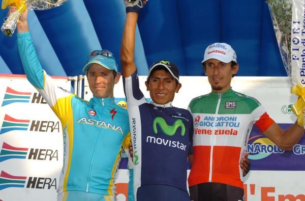 The Giro dell'Emilia 2012 podium: Fredrik Kessiakoff, Nairo Quintana and Franco Pellizotti