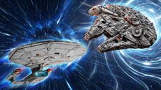 Lego Star Trek USS Enterprise and Lego Star Wars Millennium Falcon UCS sets on a space background