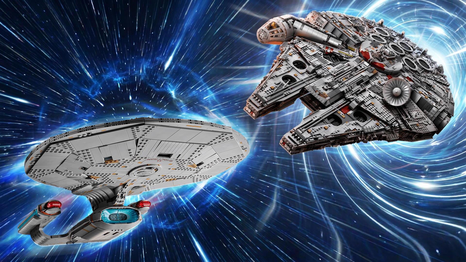Lego Star Trek USS Enterprise and Lego Star Wars Millennium Falcon UCS sets on a space background