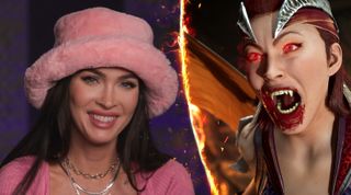 Megan Fox neben einem Screenshot von Nitara in Mortal Kombat 1.