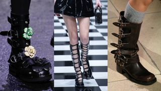 A composite of fall winter shoe trends buckles on the runway