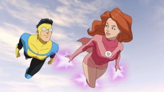 Invincible, aka Mark Grayson (voiced by Steven Yeun) and Atom Eve, aka Samantha Wilkins (voiced by Gillian Jacobs) fly through the sky in Invincible season 2