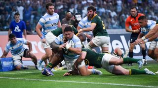 Argentina&#039;s Joel Sclavi scores a try against South Africa in their 2024 Rugby Championship match in Santiago del Estero. 