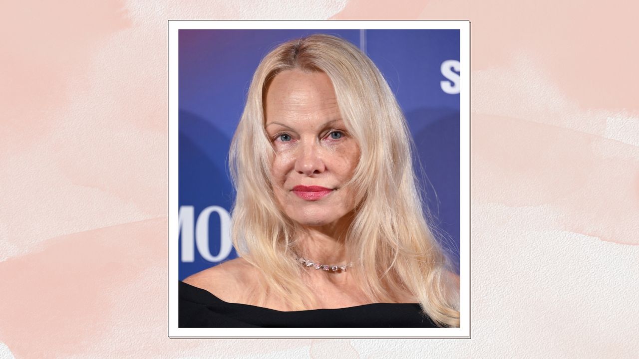 Pamela Anderson attends the Glamour Women of The Year Awards 2024 at Raffles on October 01, 2024 in London, England/ in a pink watercolour paint-style template