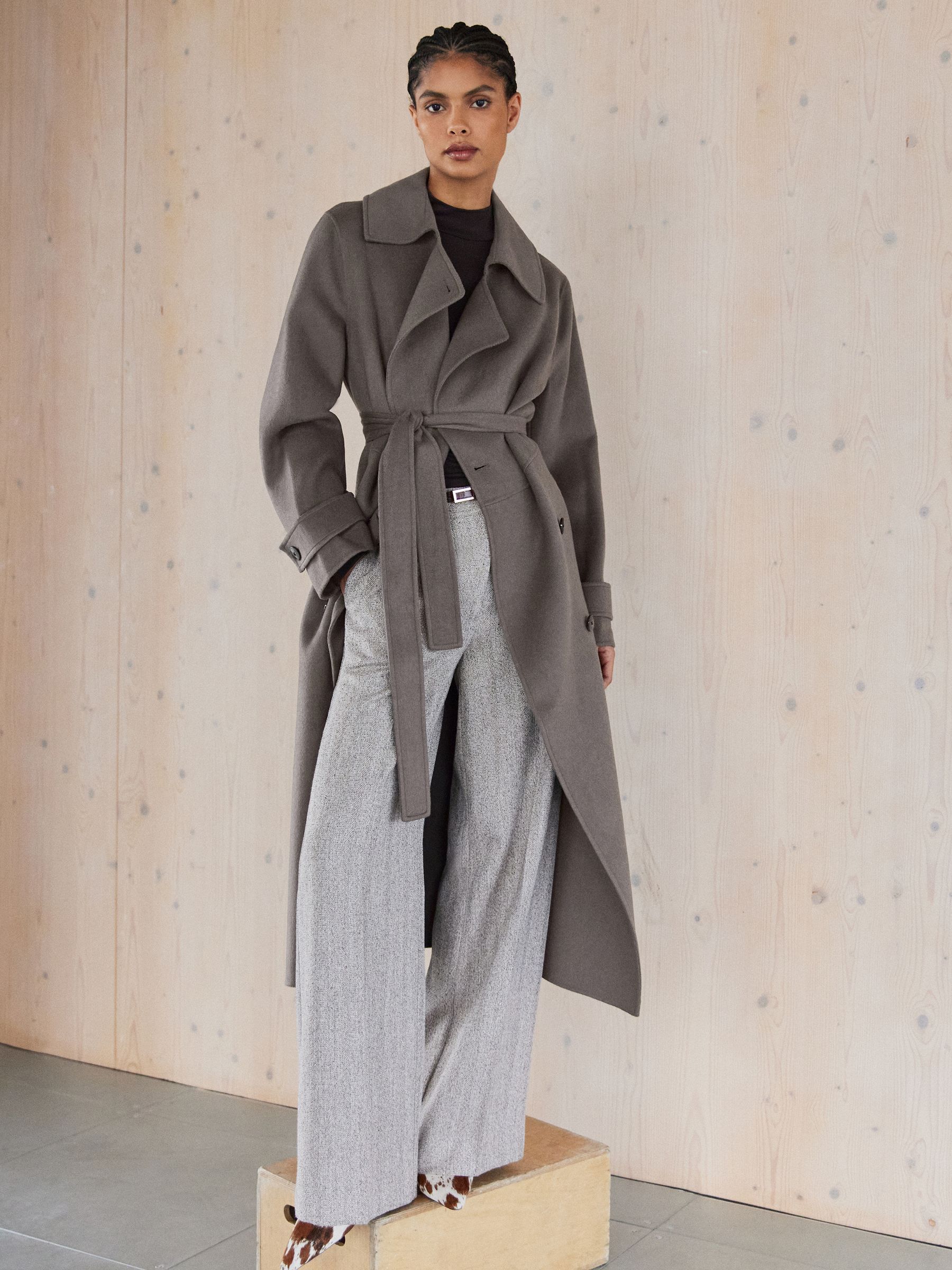 Wool-Blend Belted Blindseam Coat in Mink