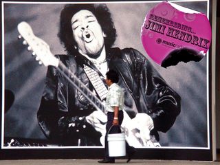A poster of '60s rock icon Jimi Hendrix in the National Auditorium of Mexico City