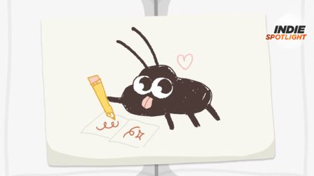 Roach Post art showing a cute little cockroach sticking out its tongue as it holds a pencil and sketching in a notepad. GamesRadar+'s Indie Spotlight logo can be seen in the top right-hand corner 