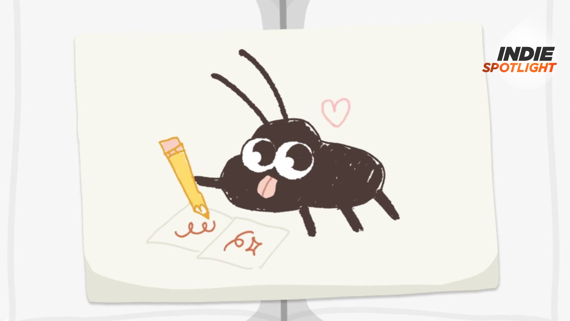 Roach Post art showing a cute little cockroach sticking out its tongue as it holds a pencil and sketching in a notepad. GamesRadar+'s Indie Spotlight logo can be seen in the top right-hand corner 